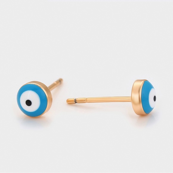 Stud Earrings 18k Gold Plated Blue Evil Eye - Picture 2 of 11